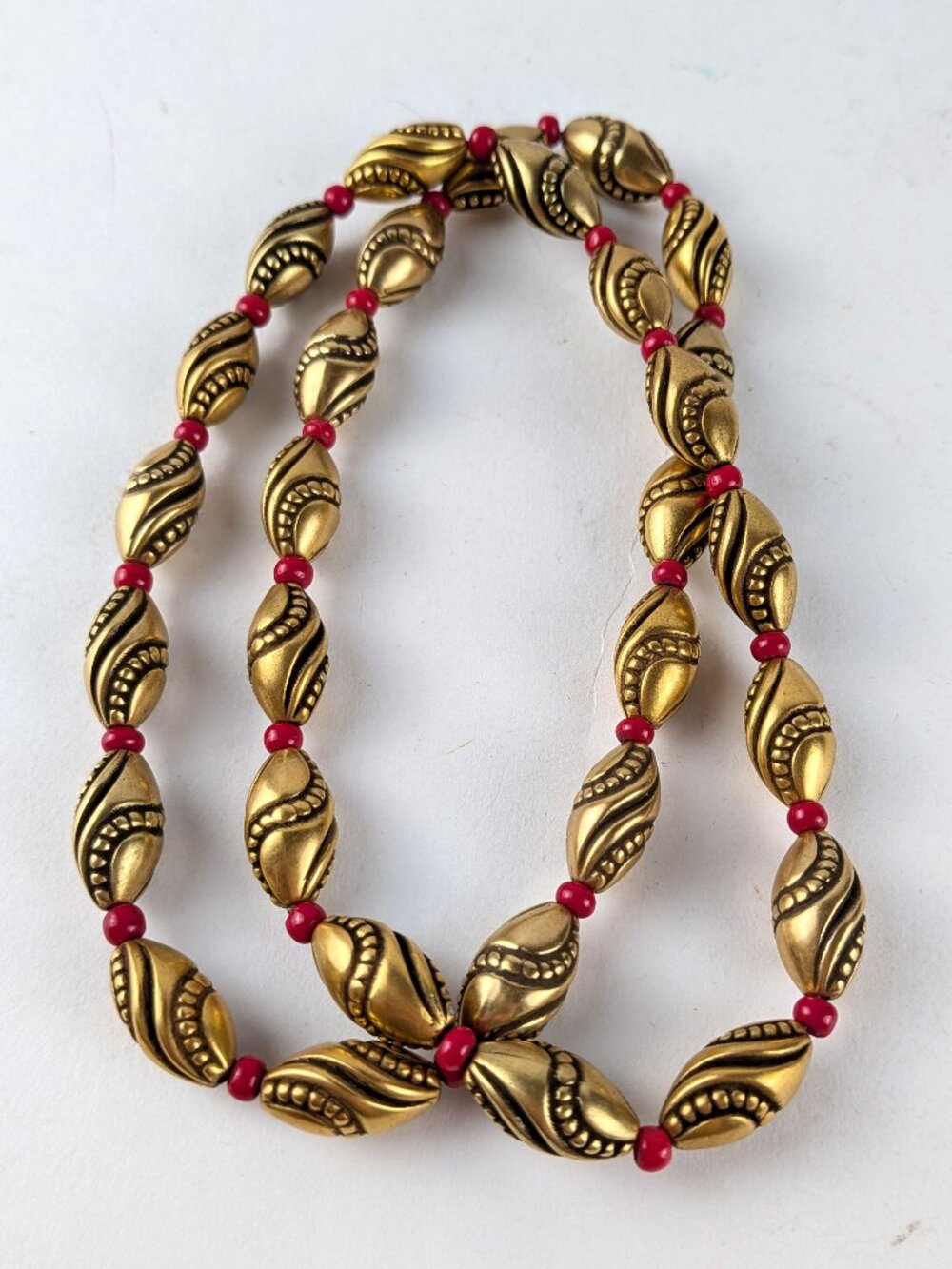Spiral Gold & Red Beaded Necklace